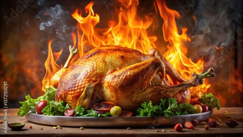 A beautifully roasted turkey garnished with fresh vegetables, surrounded by flames, creating a dramatic and appetizing presentation for a festive meal.