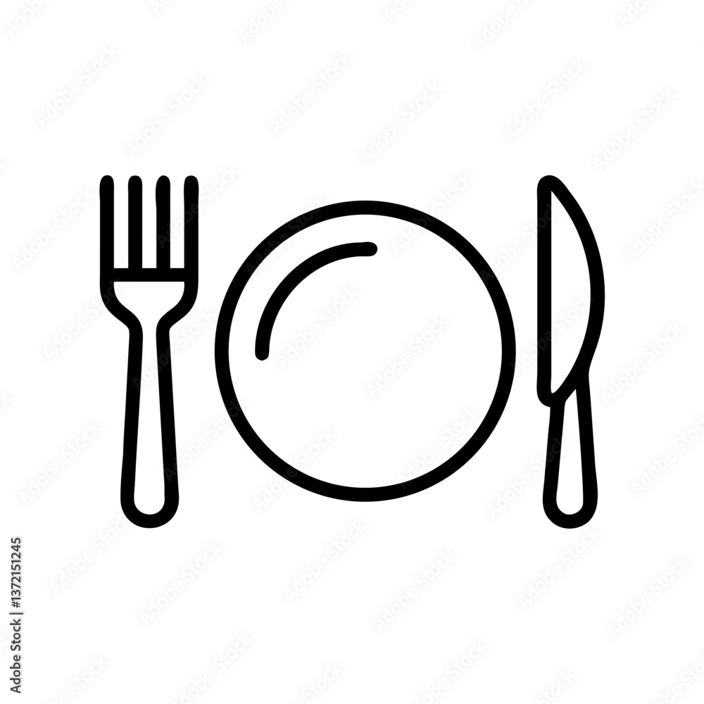 Plate and cutlery icon on white background Plate and cutlery icon on white background