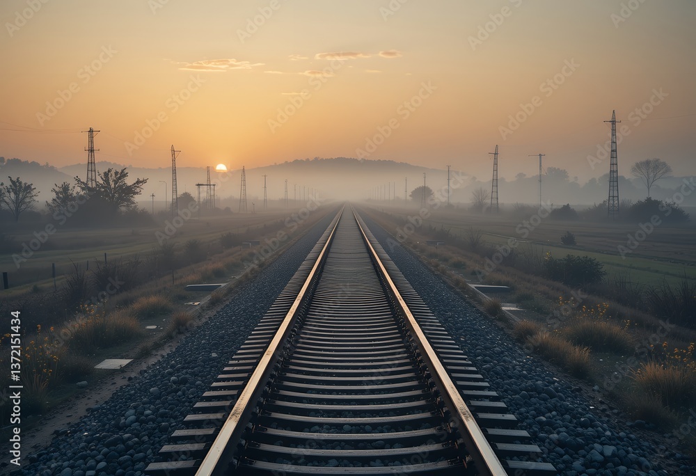 Fototapeta premium Sunrise over the Misty Railway Tracks