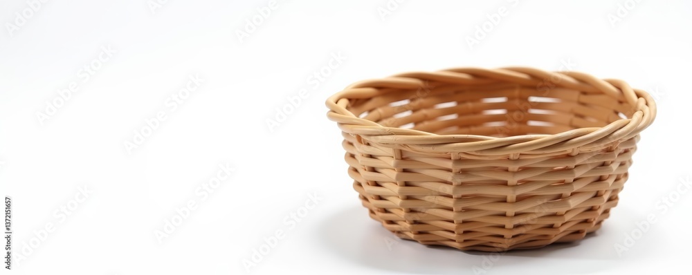 Obraz premium Close-up of a woven basket with no items inside on white background, natural, storage, rattan