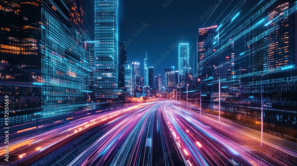 Cityscape with Digital Data Overlay and Light Trails illustration Cityscape with Digital Data Overlay and Light Trails illustration