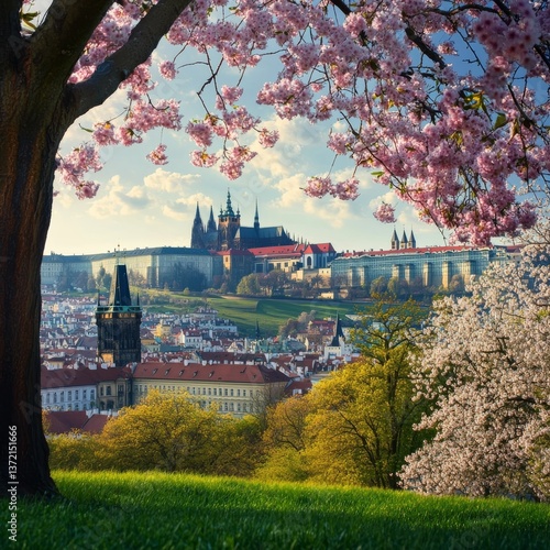 Prague's Castle gothic view with blooming trees
