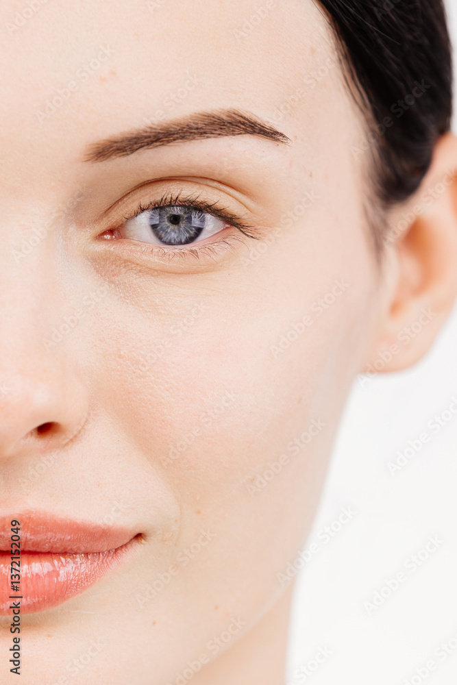 Fototapeta premium Mesmerizing woman with blue eyes looking straight into the camera. This shot perfectly conveys the essence of makeup, creating a connection between cosmetology and ophthalmology.