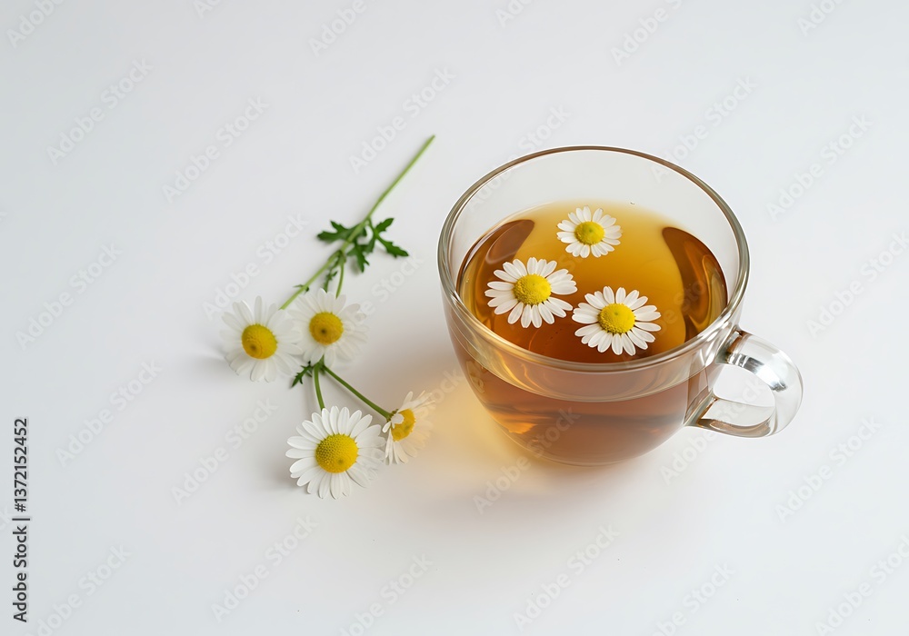 Chamomile Tea in Glass Cup with Fresh Flowers on White Background Chamomile Tea in Glass Cup with Fresh Flowers on White Background