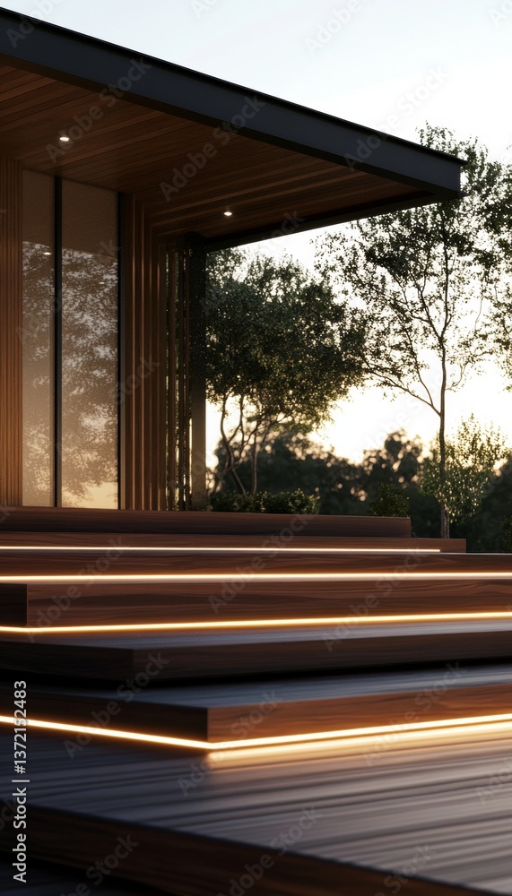 Fototapeta premium Elegant modern villa entrance with thermowood steps and led lights under a warm sunset glow