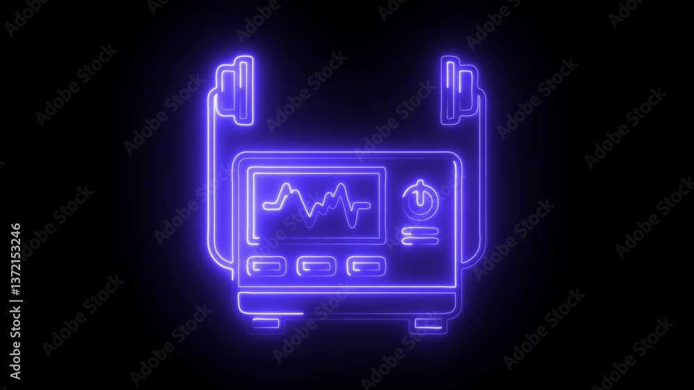 Glowing neon defibrillator icon isolated on black background. HD Video motion graphic animation Glowing neon defibrillator icon isolated on black background. HD Video motion graphic animation