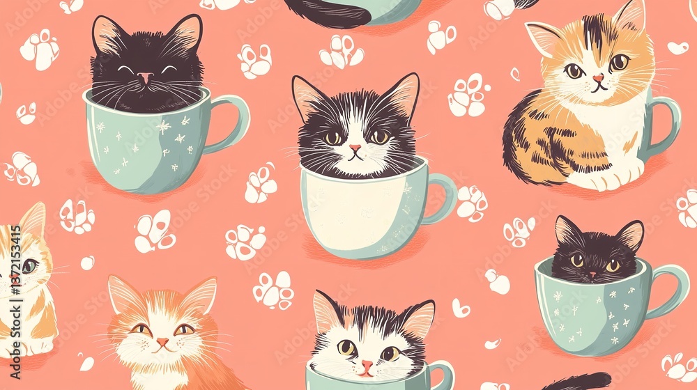 Obraz premium Cat seamless pattern vector kitten coffee cup calico 