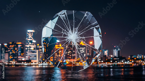 Illuminated crystalline structure dominates the night skyline, reflecting city lights and creating a futuristic spectacle.