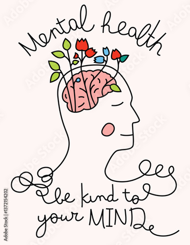 Mental health illustration. Abstract poster design of a men with different flowers in brain