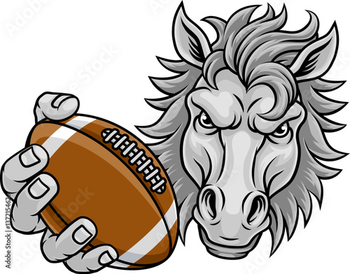 Horse mustang bronco stallion American football angry sports team mascot holding a ball.