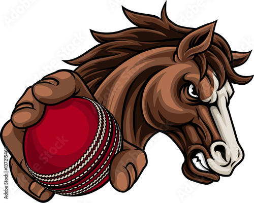 Horse mustang bronco stallion cricket angry sports team mascot holding a ball.