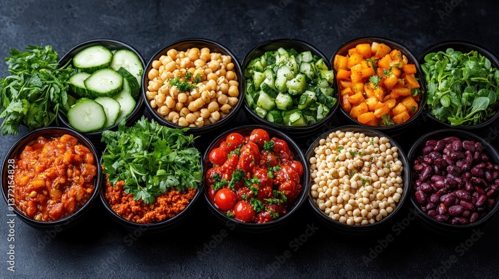 Colorful salad bar ingredients in bowls on dark background Colorful salad bar ingredients in bowls on dark background