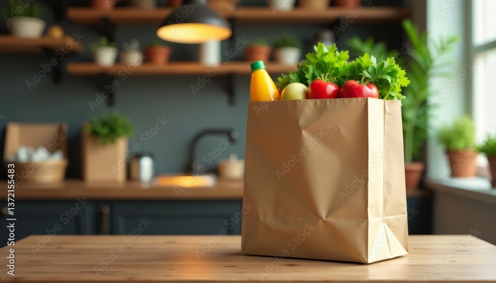 Large brown paper bag filled with groceries on a wooden table, brown, eco-friendly, reusable Large brown paper bag filled with groceries on a wooden table, brown, eco-friendly, reusable