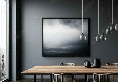 Modern dining room with framed art, moody atmosphere