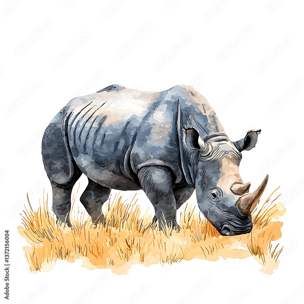 Fototapeta premium Majestic Rhino in African Savanna A Detailed Wildlife Illustration.