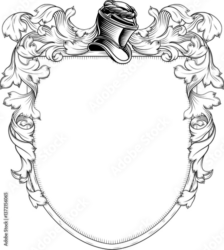 A coat of arms or crest family heraldry medieval heraldic knight shield with helmet and acanthus filigree scroll ornament in a vintage woodcut style.