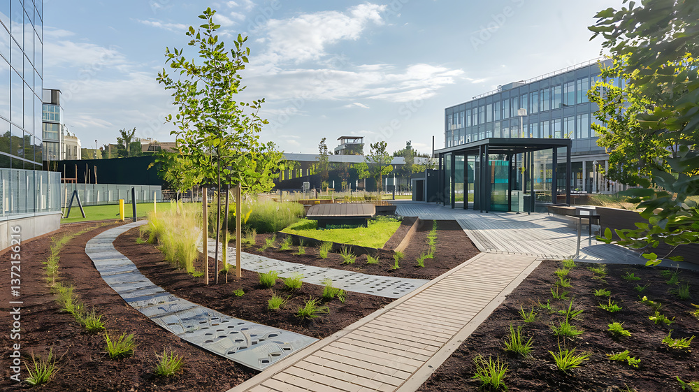 Fototapeta premium Modern urban park landscaped courtyard pathways and greenery