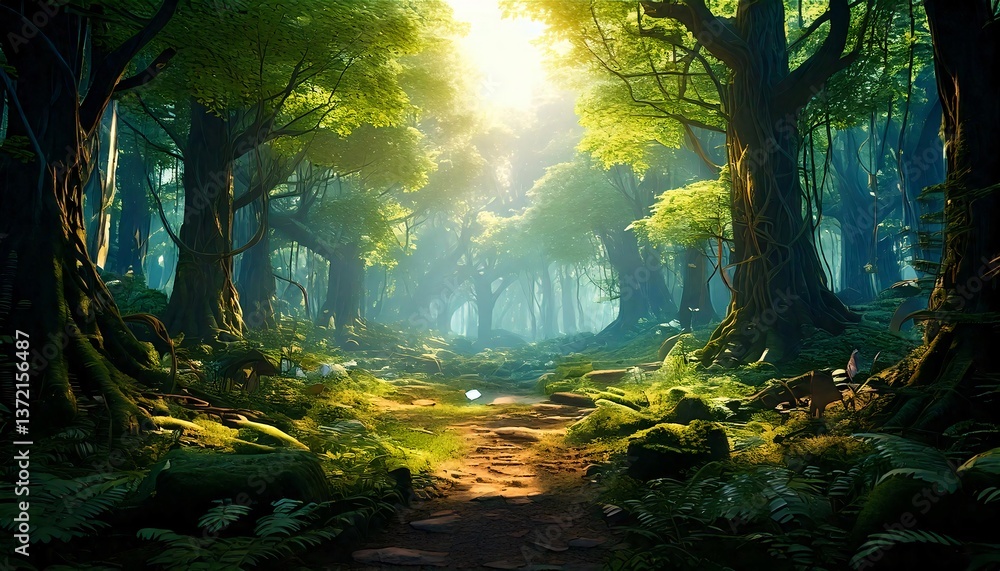 Obraz premium Sunlit Path Through Lush, Mystical Rainforest