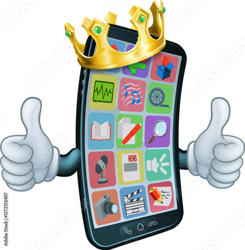 A mobile phone cartoon character mascot wearing a gold king crown and giving a double thumbs up.