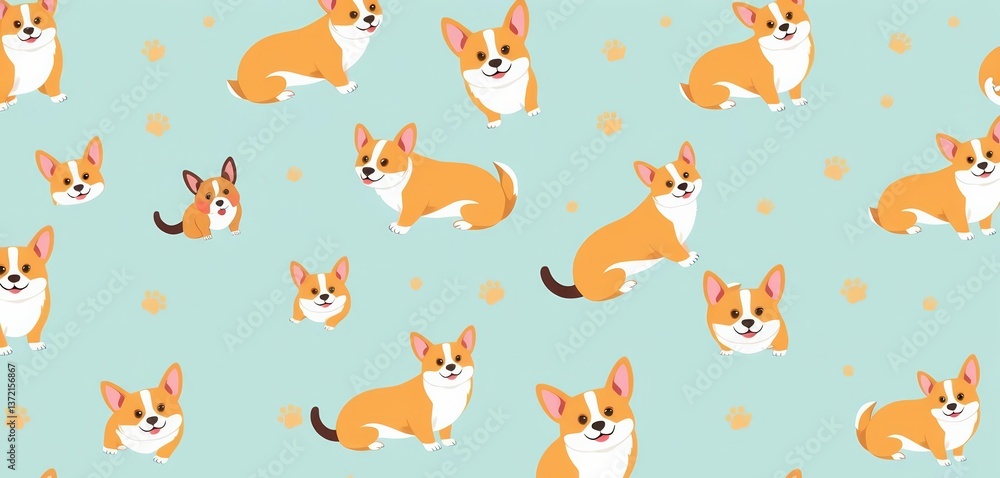 Seamless pattern featuring playful corgi illustrations , white, cartoon Seamless pattern featuring playful corgi illustrations , white, cartoon