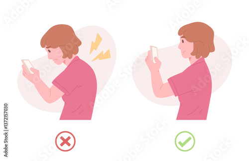 Woman using phone with correct and incorrect postures. Woman with hunched over back due to poor posture and weak muscle. Bad behavior that effect to spine bone and health. Flat vector illustration.
