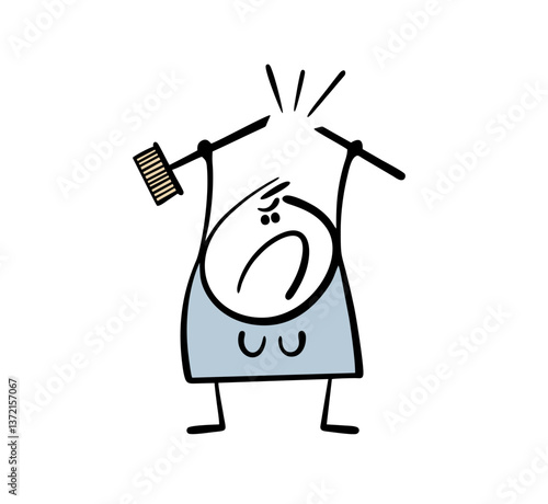 Angry feminist. Vector illustration of a woman tired of homework and broke a mop. Housewife is furious. Cartoon man isolated on white background.