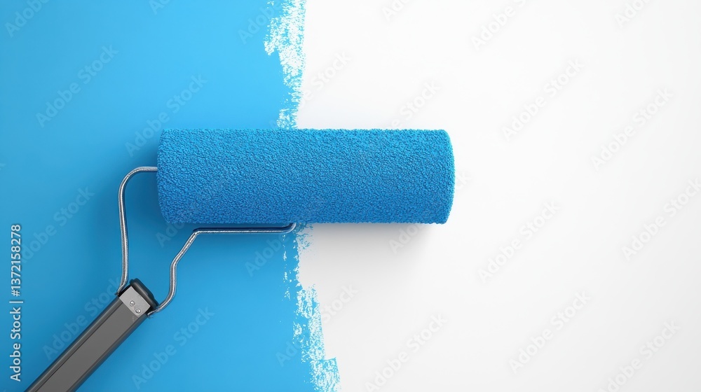 Obraz premium Blue paint roller applying fresh coat of paint on a white wall, close-up. DIY home renovation concept illustration