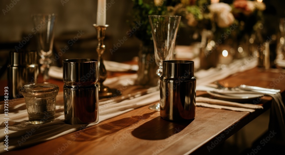 Elegant dining table set with silver candle holders and glassware for a special occasion Elegant dining table set with silver candle holders and glassware for a special occasion