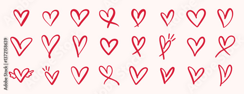 pink hand drawn hearts. unique heart various styles and shapes. Pink hearts doodle artistic set. Valentines hearts
