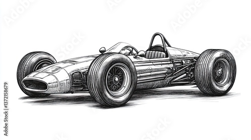 Vintage sketch engraving of a classic race car with open wheels and aerodynamic design on white background