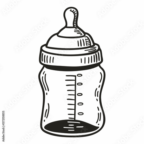 Hand Drawn Baby Bottle Illustration with Measurement Markings for Parenting and Nursery Design