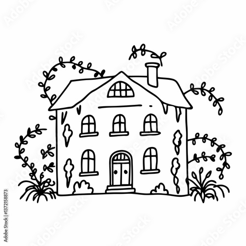 Charming Hand Drawn Haunted House with Halloween Foliage