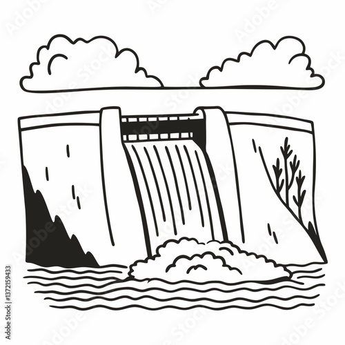 Monochrome  Drawing of a Dam with Flowing Water and Clouds