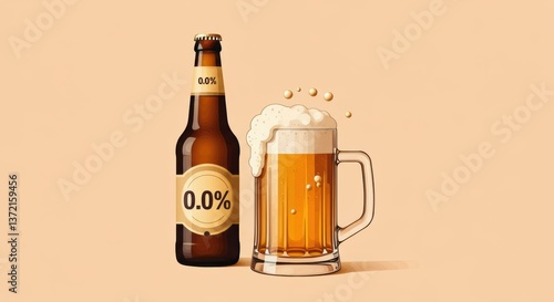 Alcohol-free beer bottle and glass with frothy head on a beige background