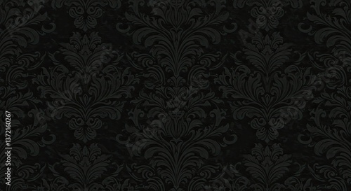 Intricate Damask Pattern: An elaborate dark damask pattern with swirls and floral motifs, creates an atmosphere of elegance and luxury.
