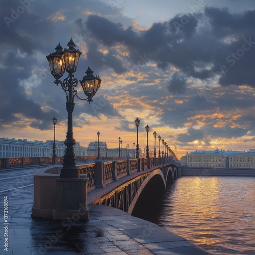 Trinity bridge at Neva River in the evening, Russia.