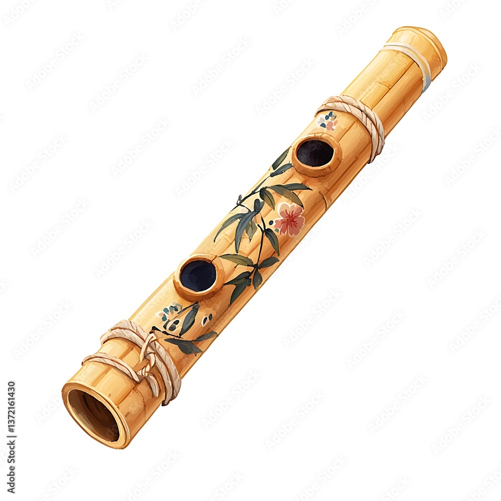 Naklejka premium Ornate Bamboo Flute with Floral Design A Detailed Illustration of a Traditional Musical Instrument.