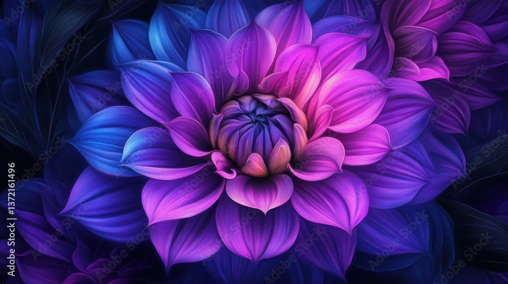 Fototapeta premium Neon Bloom - A Single Purple and Blue Dahlia illustration