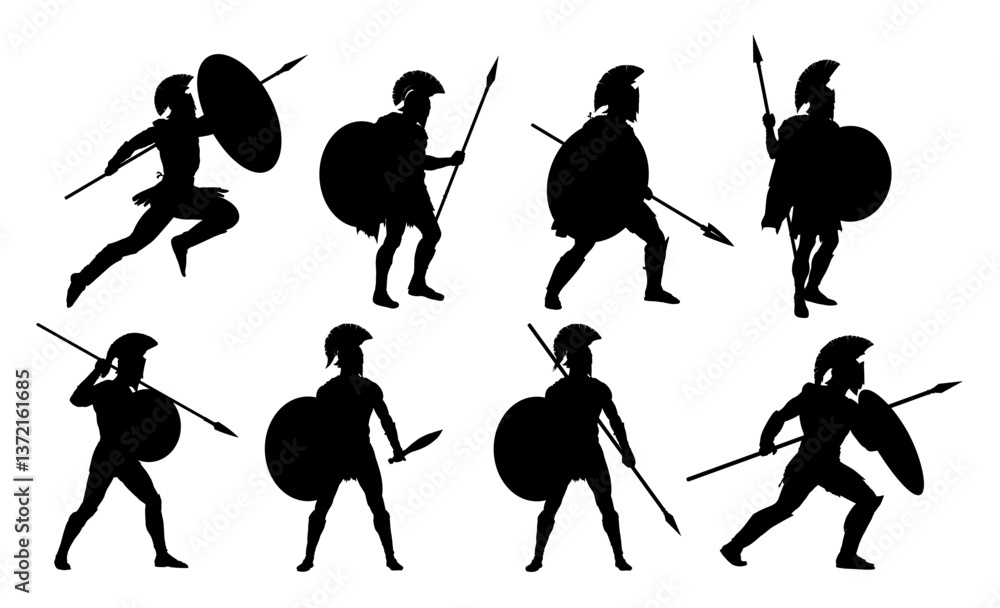 Obraz premium set of silhouettes of an ancient Greek warrior with spear and shield, Spartan, hoplite - vector illustration 