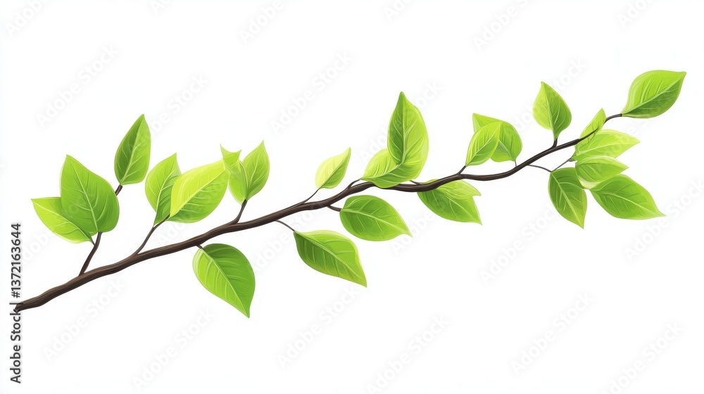 Fototapeta premium A single branch with vibrant green leaves, isolated on a white background. The branch symbolizes growth, nature, renewal, life, and spring., A single branch with vibrant green leaves illustration
