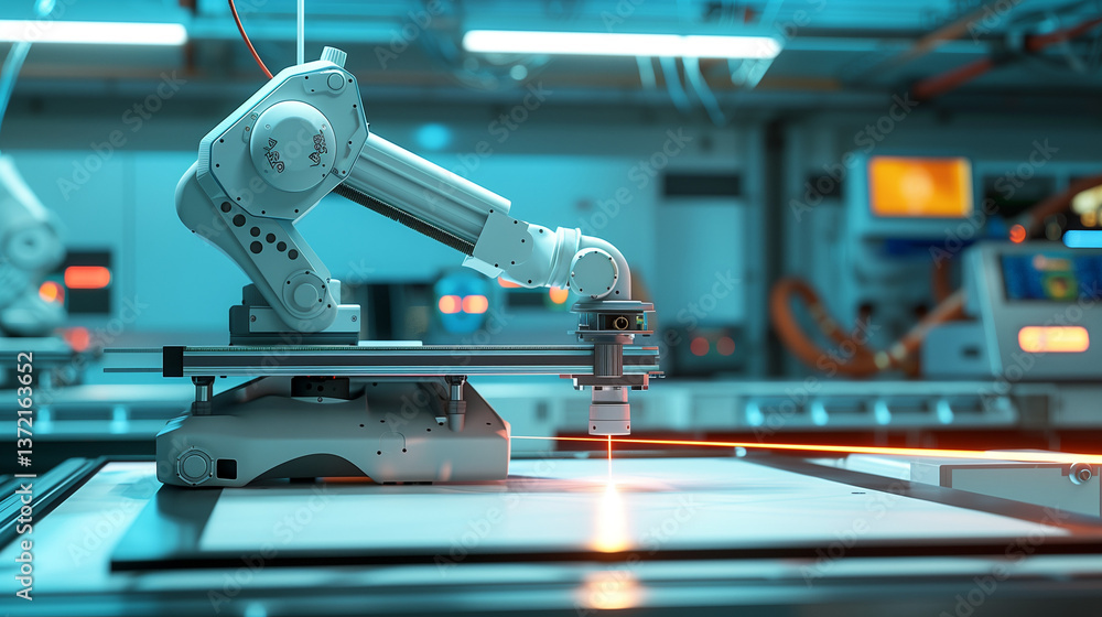 Fototapeta premium 3D printer creating a prototype, glowing filament layers, robotic arm in a futuristic workshop