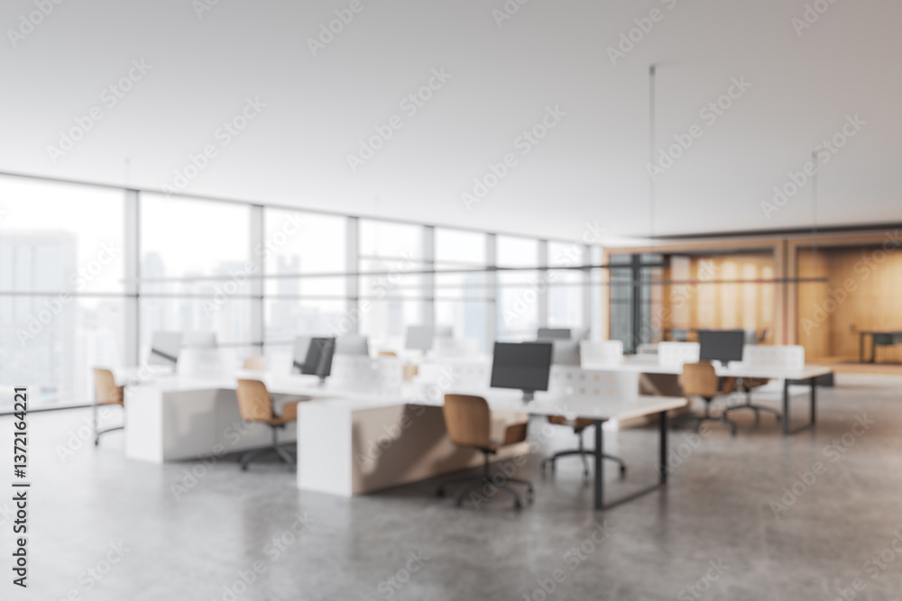 Fototapeta premium Modern office interior with workstations and large windows. 3D Rendering