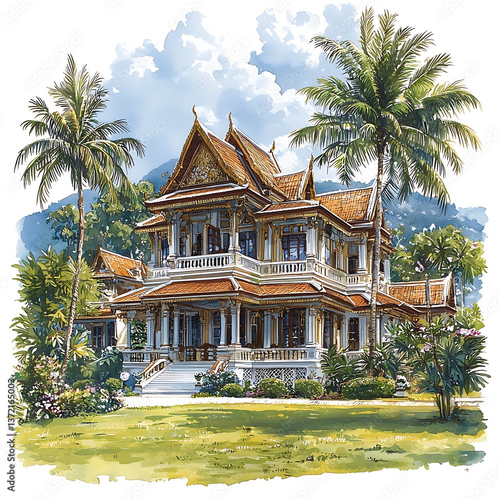 Obraz premium Luxurious Tropical Mansion An Illustration of a Grand Thai-Style House Amidst Lush Greenery.
