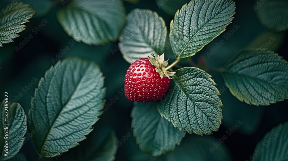 A Vibrant Red Strawberry on Lush Green Leaves, Its Surface Beautifully Reflecting Light in a Crisp Close-Up - A Vibrant Red Strawberry on Lush Green Leaves, Its Surface Beautifully Reflecting Light in a Crisp Close-Up -