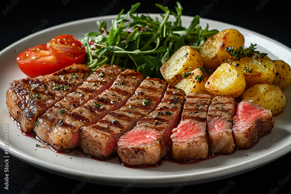 Plate of steak and potatoes with a side of greens. The steak is cut into slices and is served on a white plate. The plate is set on a black background