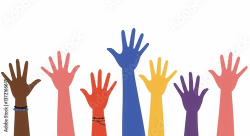 Diverse Hands Raised Together Against a White Background  