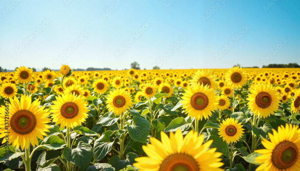 Fototapeta premium Vibrant sunflower field blooming under clear blue sky, natural beauty