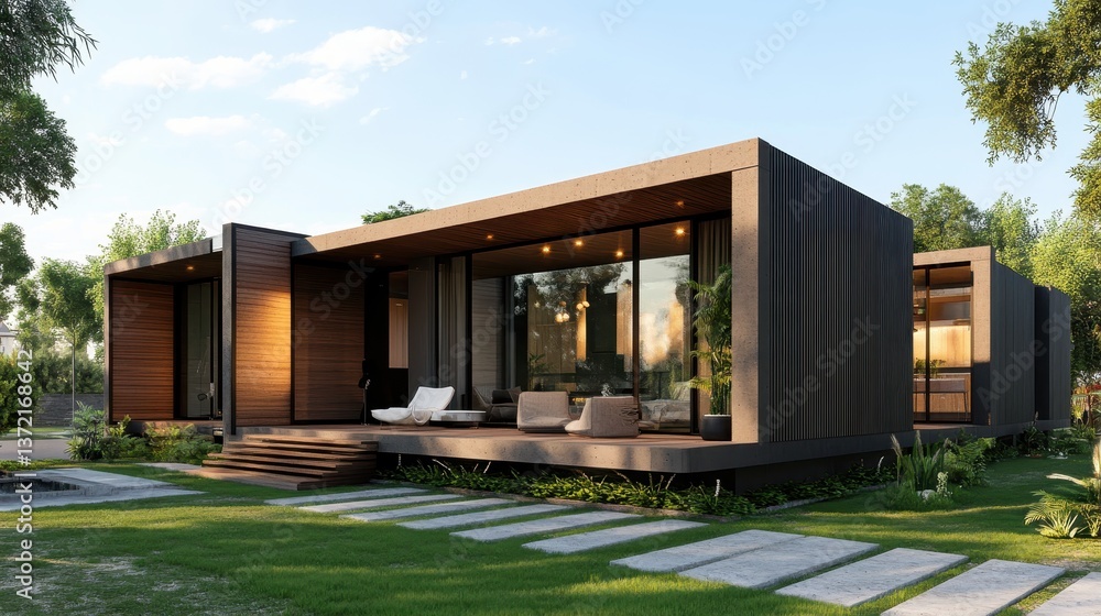 Modern modular home with a sleek design and outdoor living space. Showcase architectural styles and home design, or real estate marketing. Modern modular home with a sleek design and outdoor living space. Showcase architectural styles and home design, or real estate marketing.