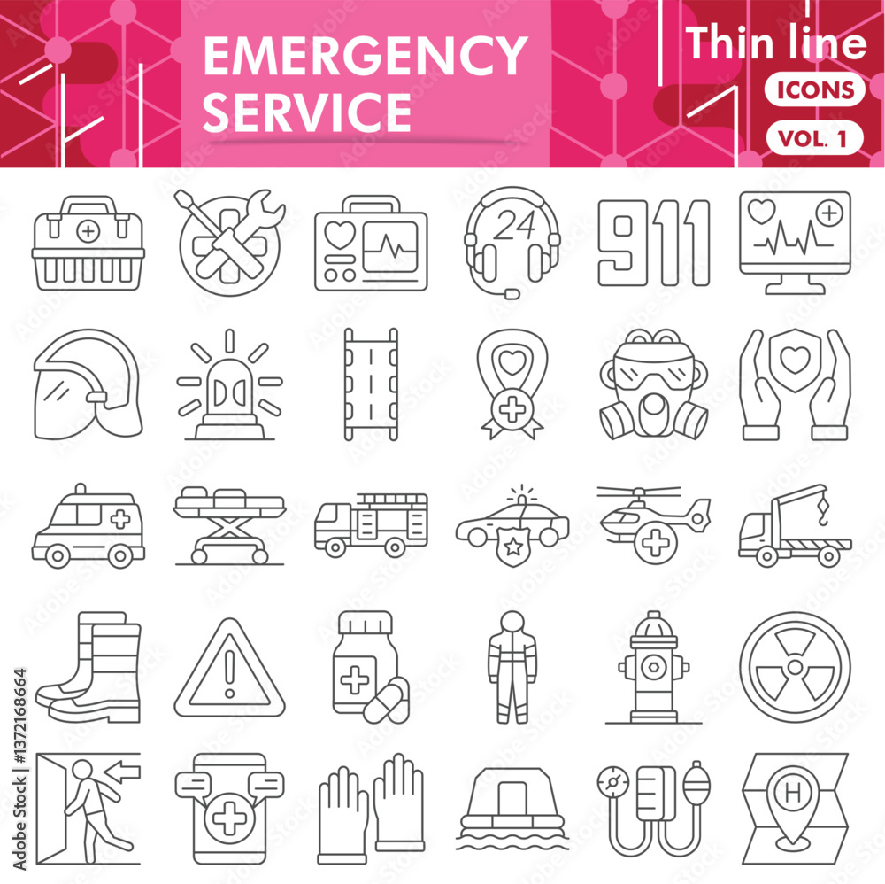 Emergency service symbols collection or sketches. human rescue theme icons in thin line style signs for web and app. Vector graphics isolated on white background. Emergency service symbols collection or sketches. human rescue theme icons in thin line style signs for web and app. Vector graphics isolated on white background.