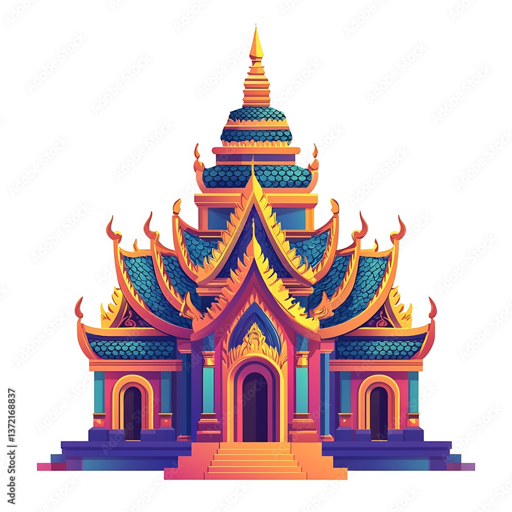 Obraz premium Vibrant Illustration of a Traditional Thai Temple. A colorful, stylized depiction perfect for travel brochures, cultural presentations, or design projects.